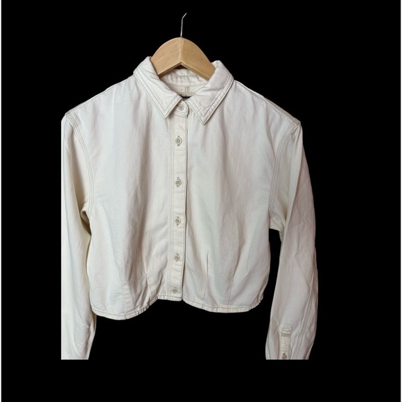 Madewell Denim Pleated Cropped Button Up Shirt Ivory Small - Picture 4 of 9